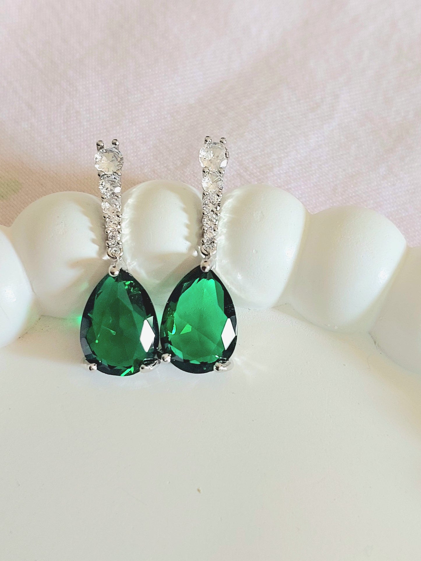 CZ and Emarald Tear Drop Earrings