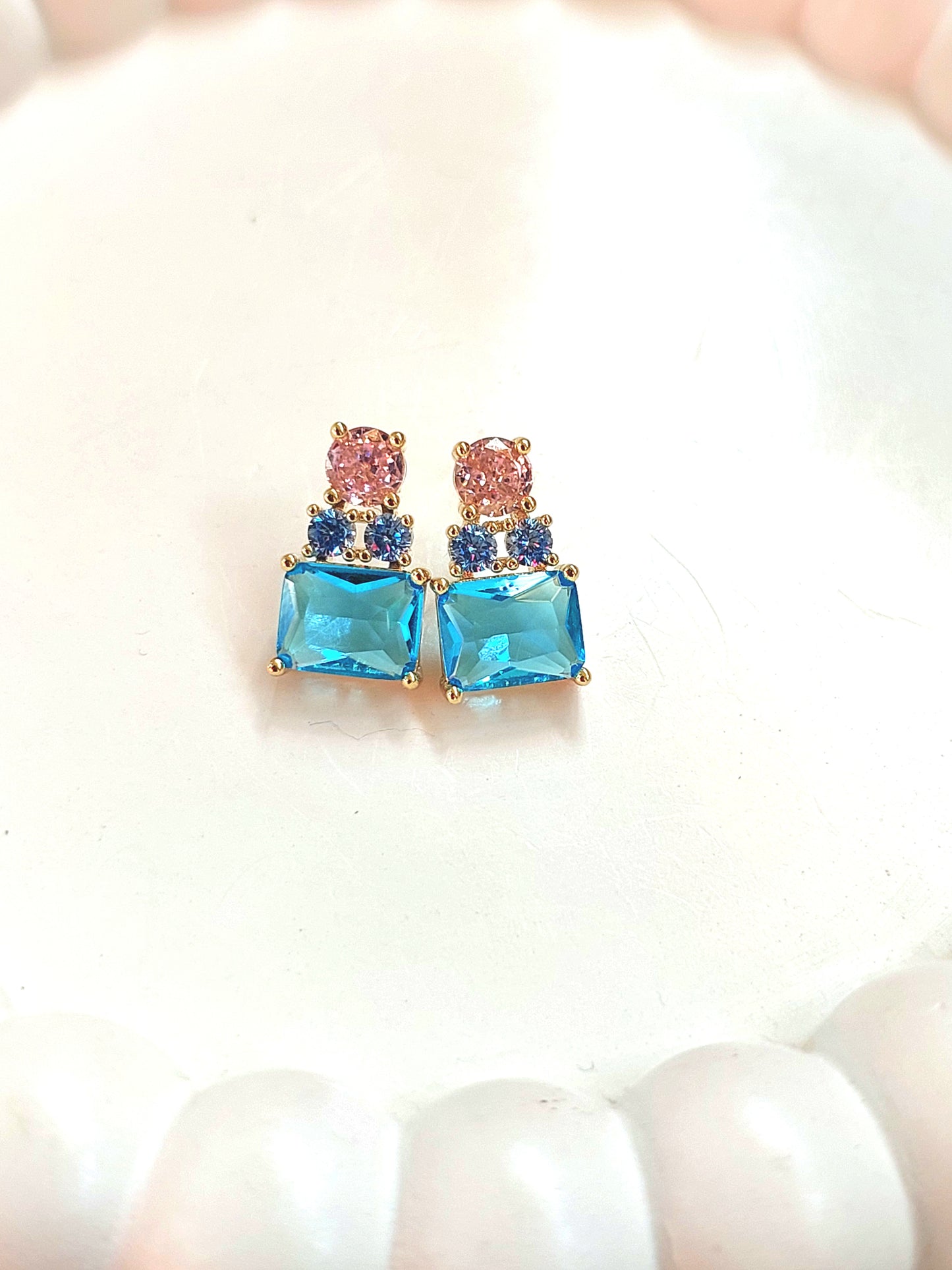 18k Gold Plated Square Multi Color CZ Designer Ear Studs