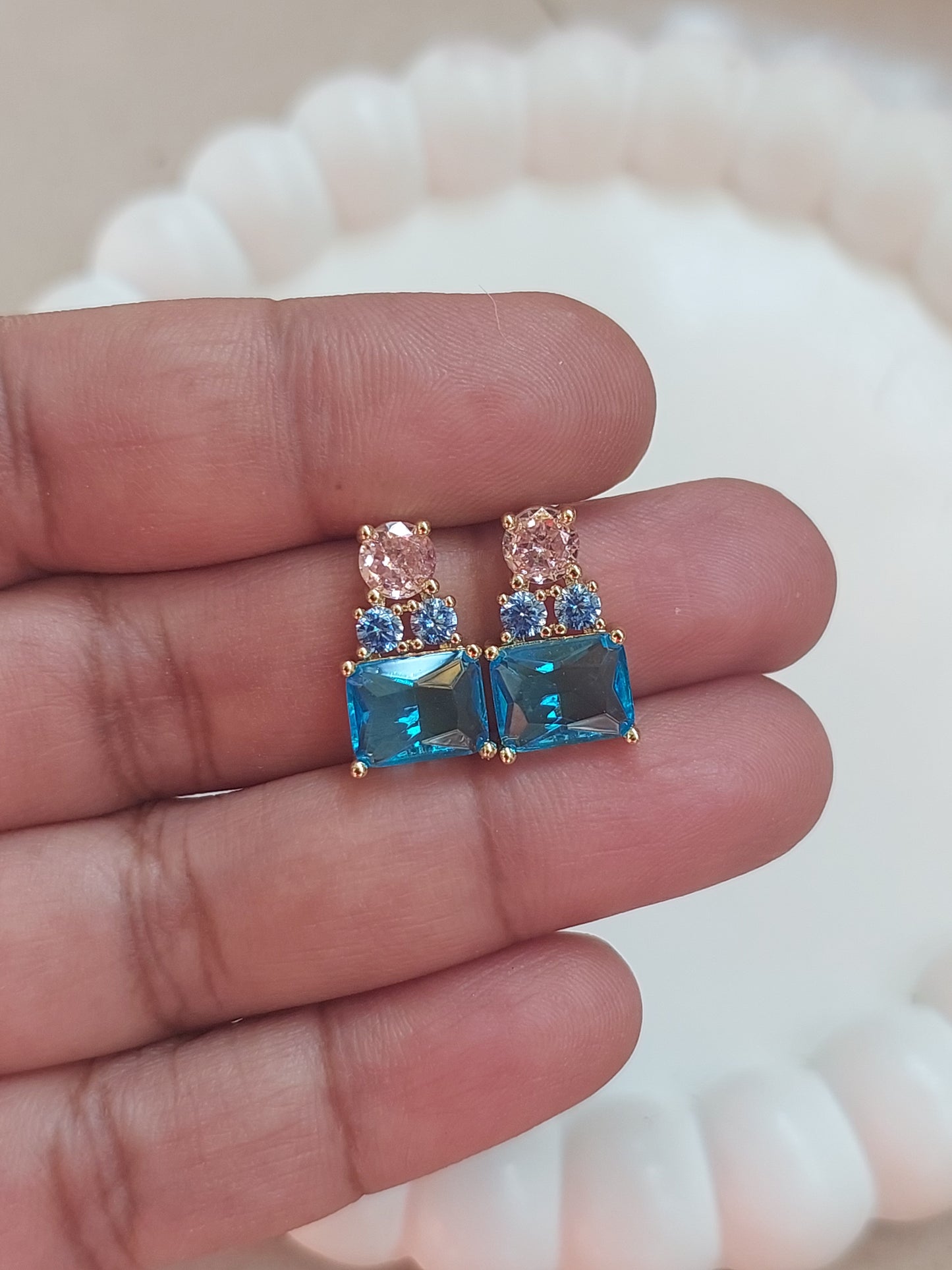 18k Gold Plated Square Multi Color CZ Designer Ear Studs