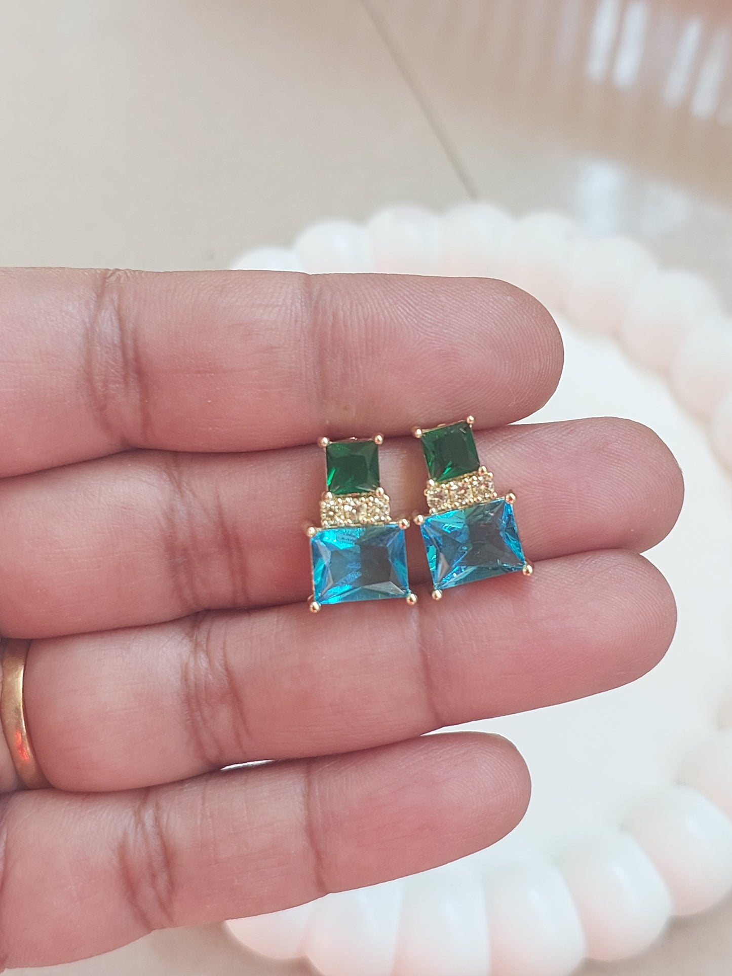 18k Gold Plated Rectangle CZ Designer Ear Studs