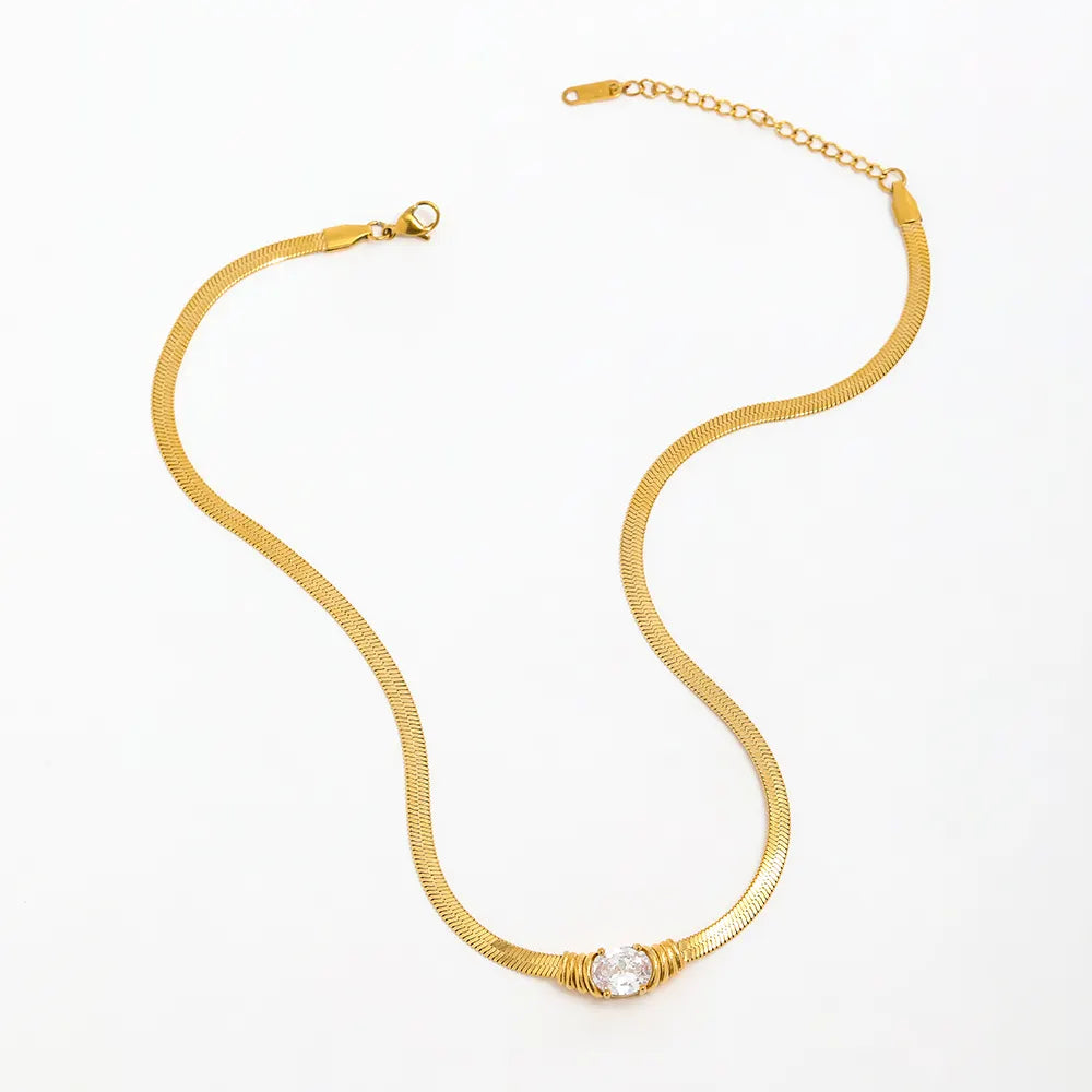 4MM Herringbone Oval Zirconia Pendant Snake Chain Necklace