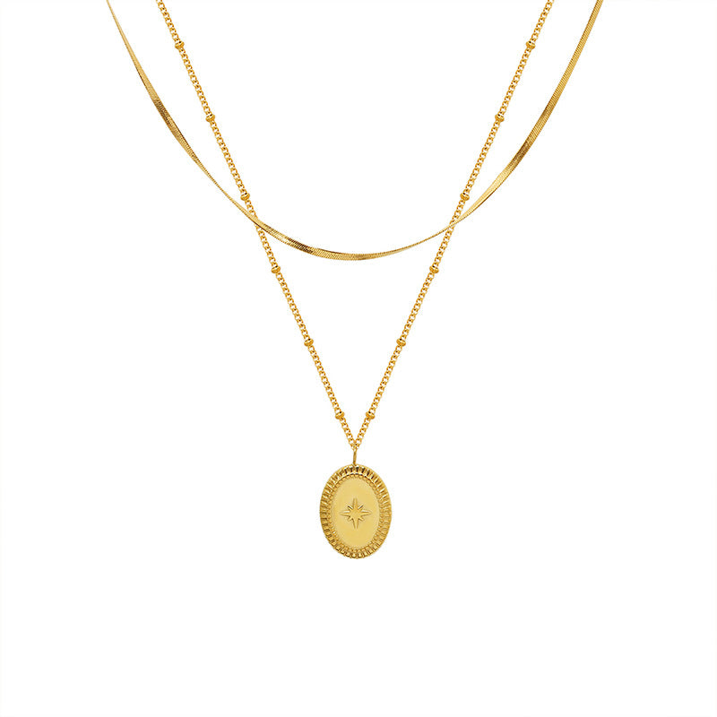 18K Gold Plated Eight-pointed Star Oval Pendant Necklace