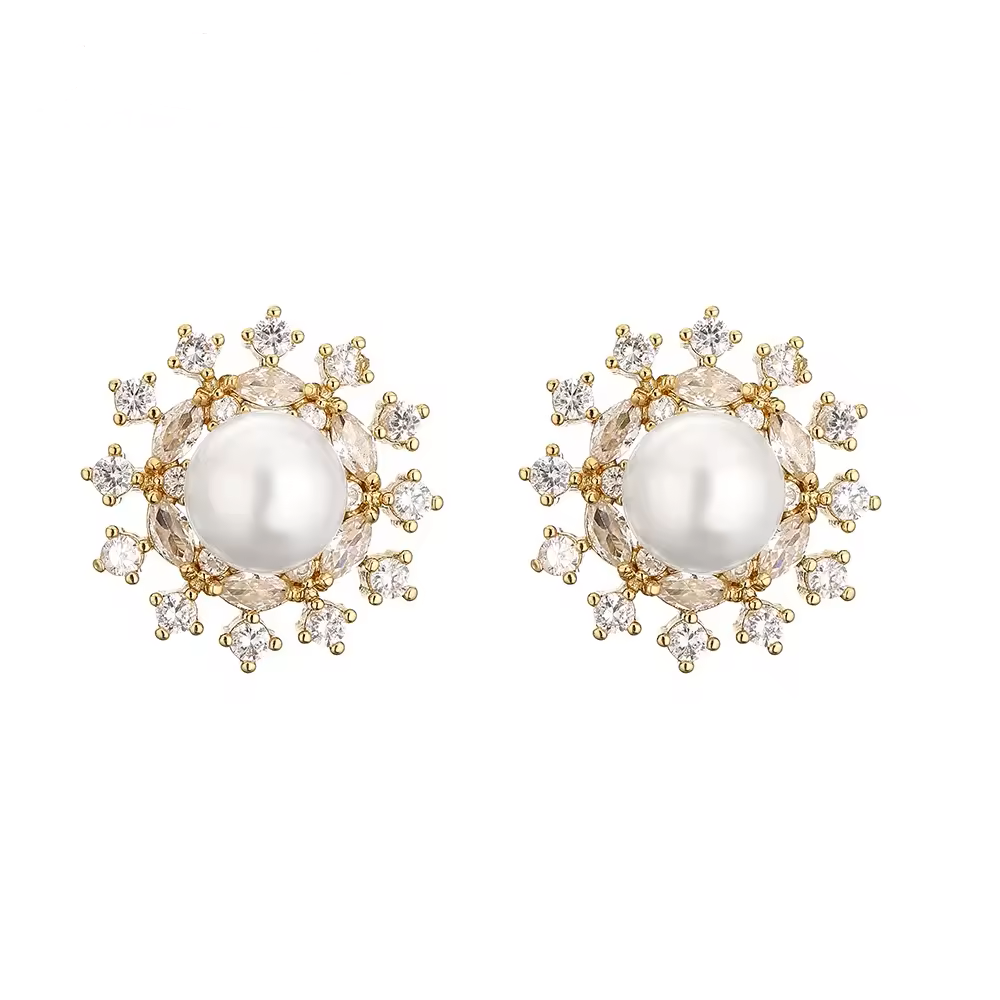 Exquisite Sunflower Big Pearl Stud Earrings