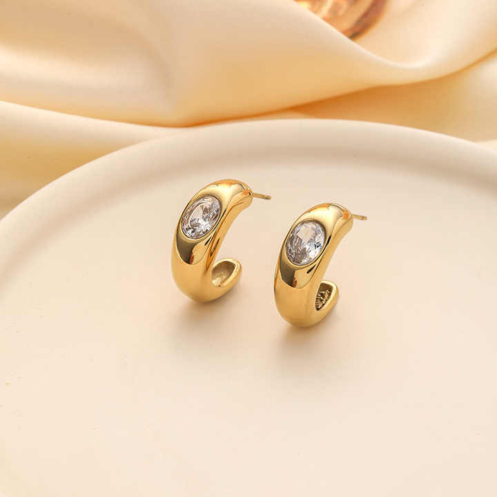 18k Gold Plated Green Clear Zircon CC Shape Earrings