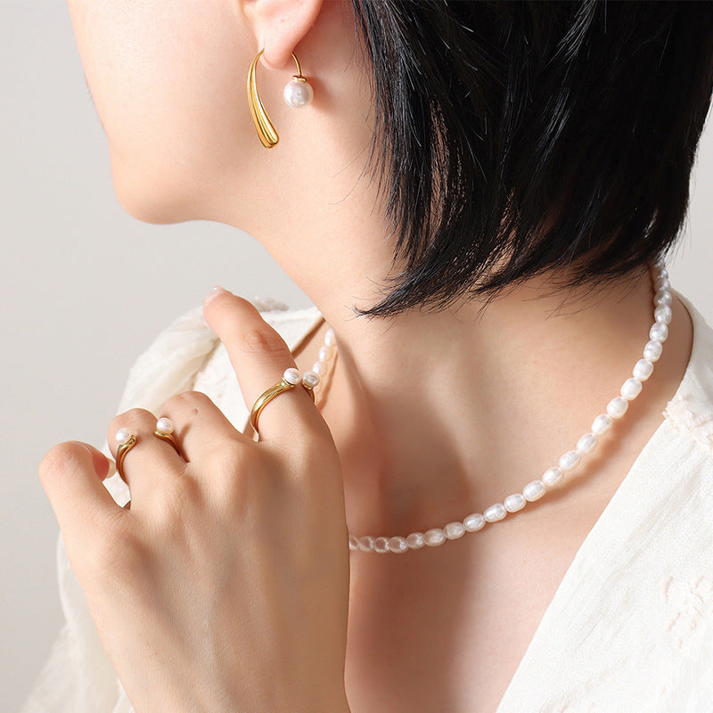 18K GP Geometric Pearl Ear Hook Earrings