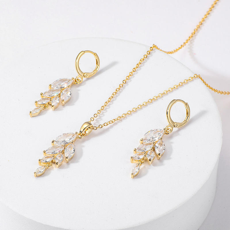 18k Gold Plated Leaf Zircon Dangle Earrings and Pendant Set