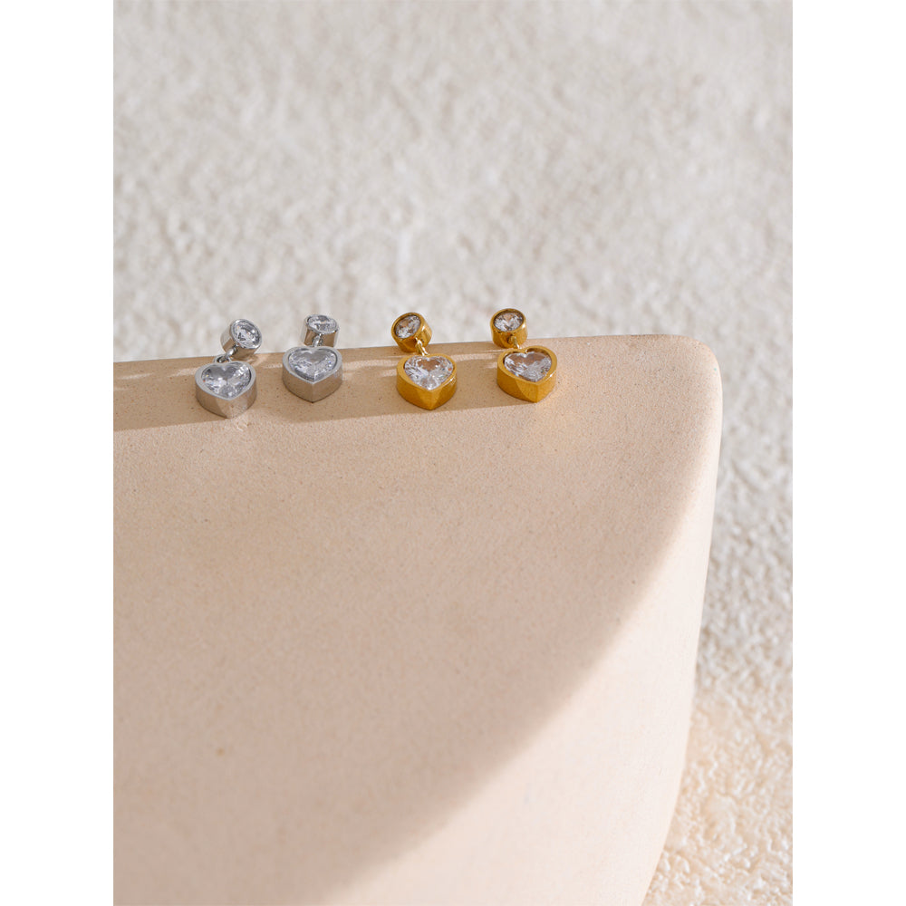Round Bezel Heart Drop Studs