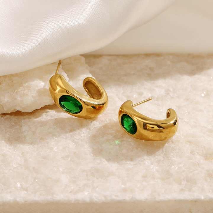 18k Gold Plated Green Clear Zircon CC Shape Earrings