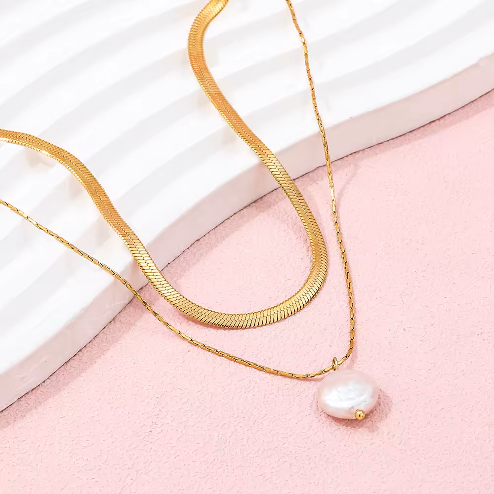 18K PVD Gold Plated Freshwater Pearl Pendant Double-Layer Chain