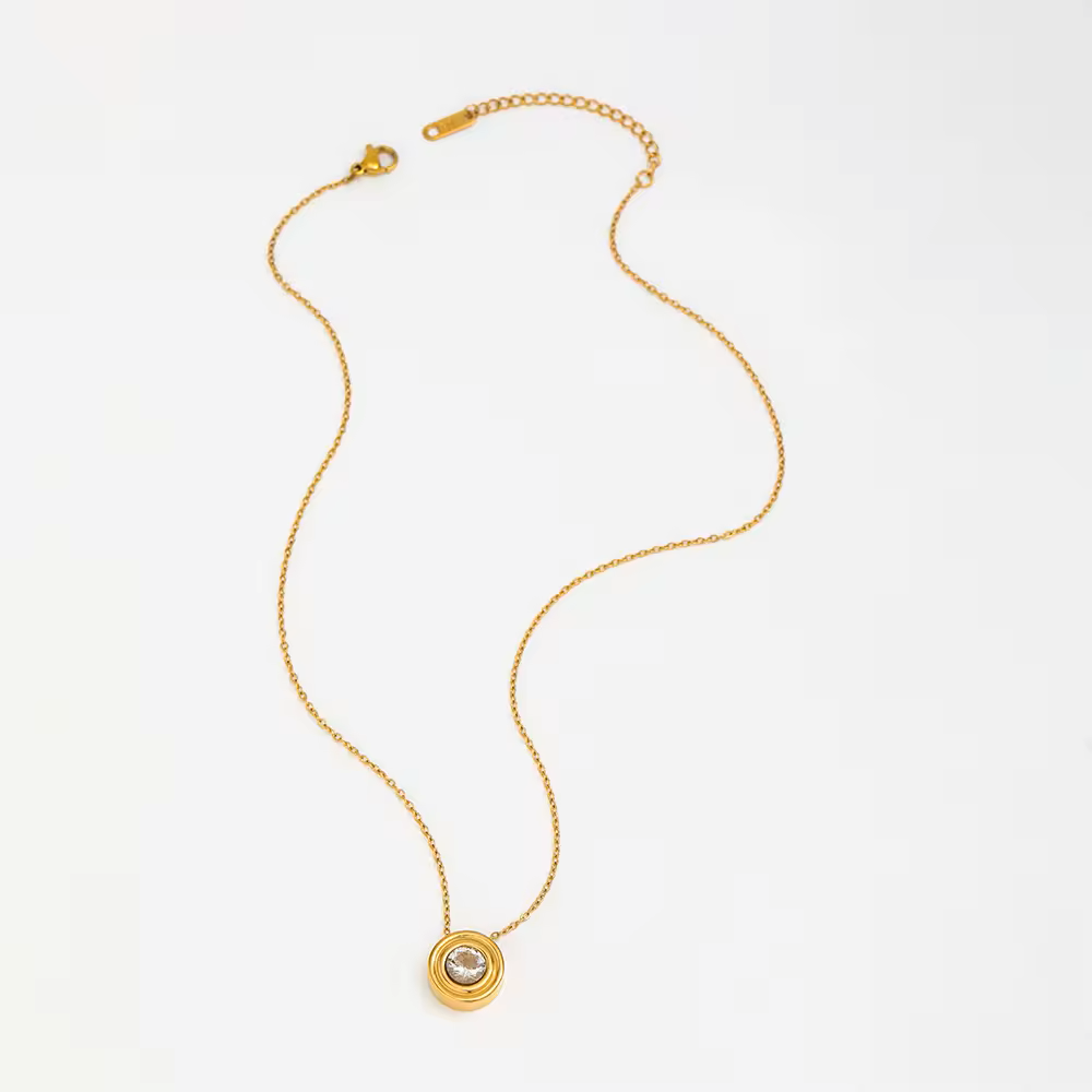 18K Gold Plated Round Zirconia Coin Pendant Necklace