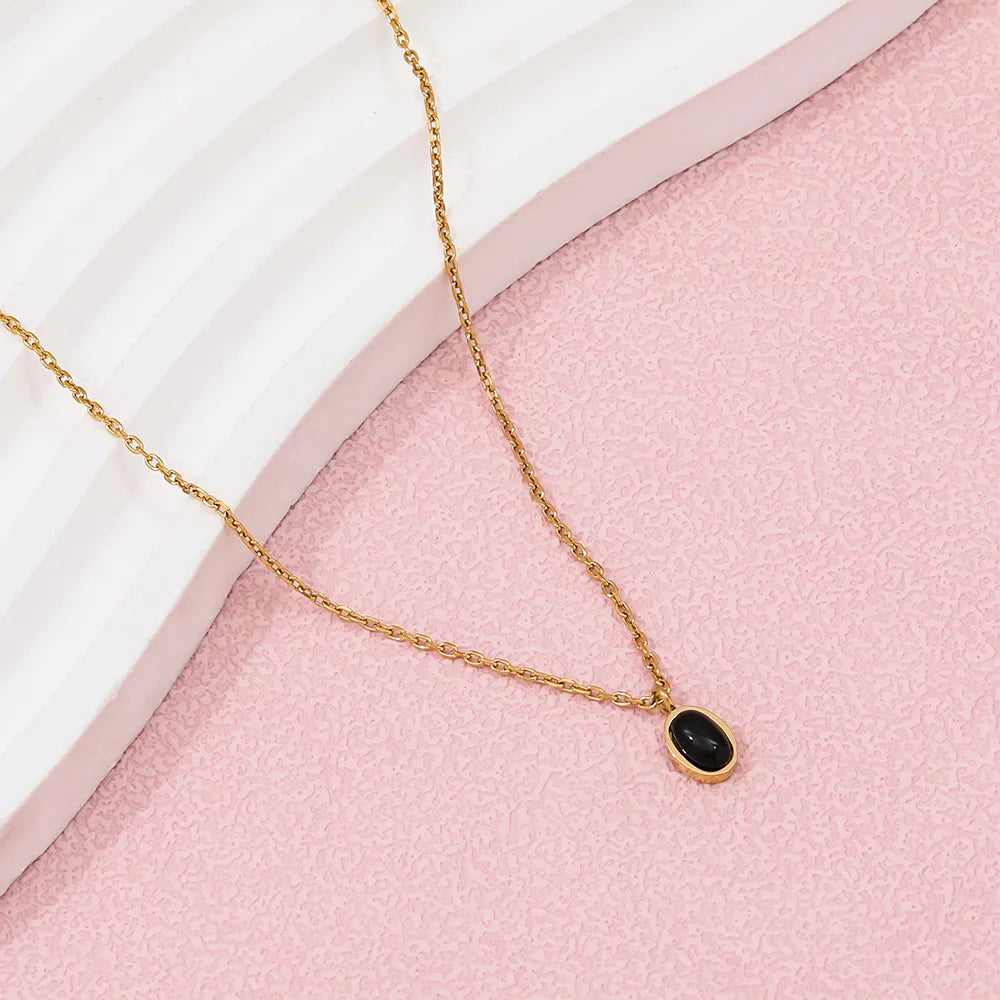 18K Gold Plated Oval Black Stone Pendant Necklace