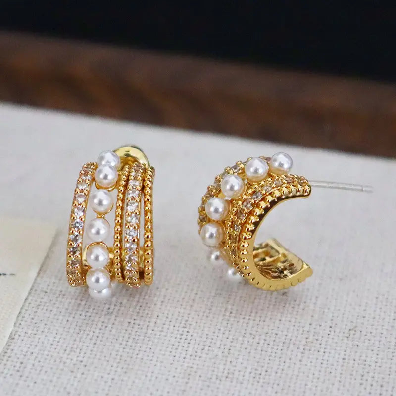 C-shaped Gold Plated Cuff Pearl Stud Earrings