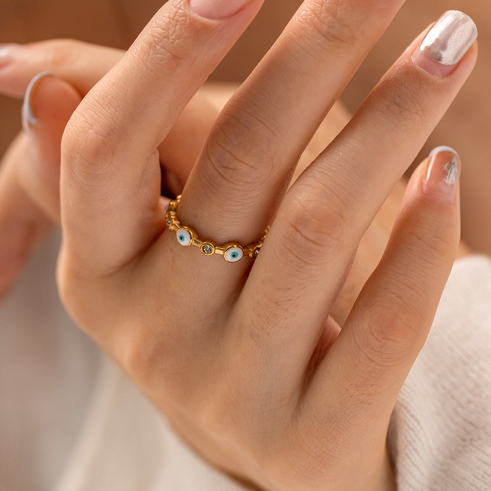18K Gold Plated Evil Eyes Enameled Clear CZ Ring