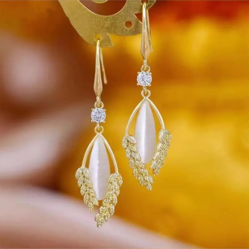 Rhinestone Opal Leaf Dangle Earrings