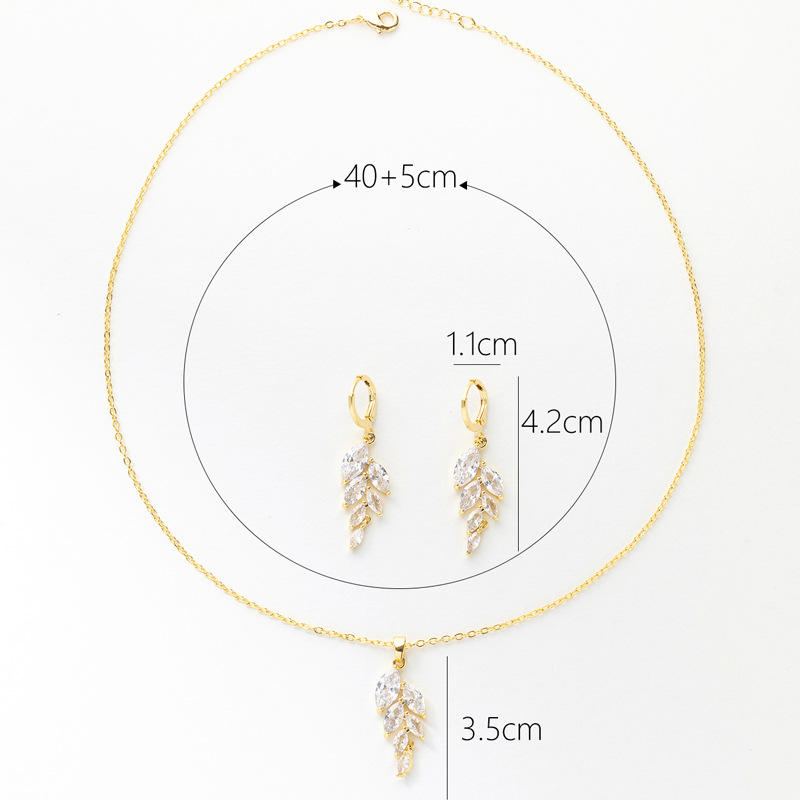 18k Gold Plated Leaf Zircon Dangle Earrings and Pendant Set