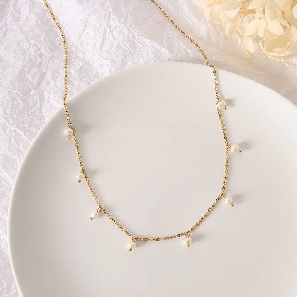 Stainless Steel Fresh Water Pearl Dangle Necklace