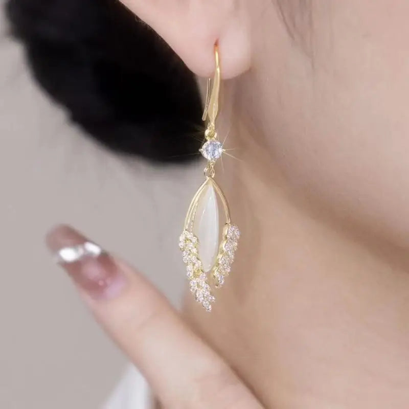 Rhinestone Opal Leaf Dangle Earrings