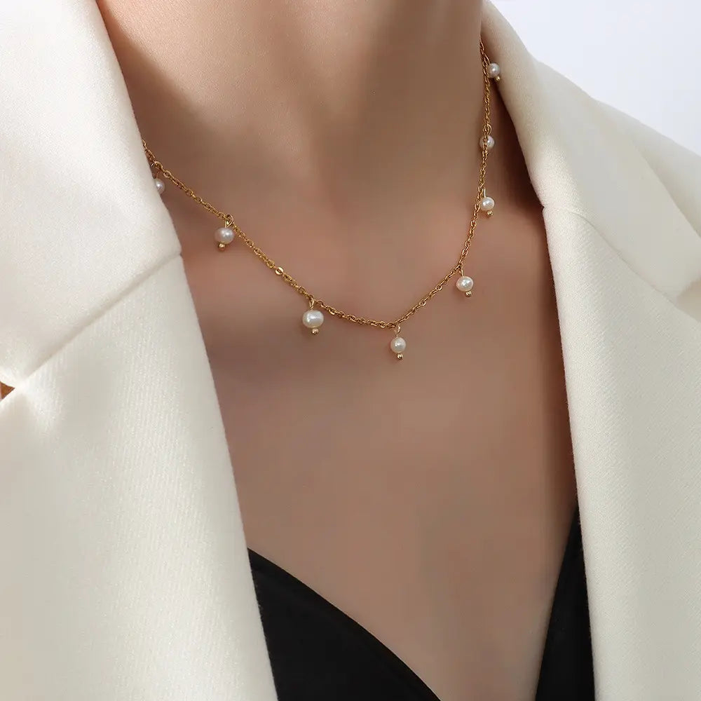 Stainless Steel Fresh Water Pearl Dangle Necklace
