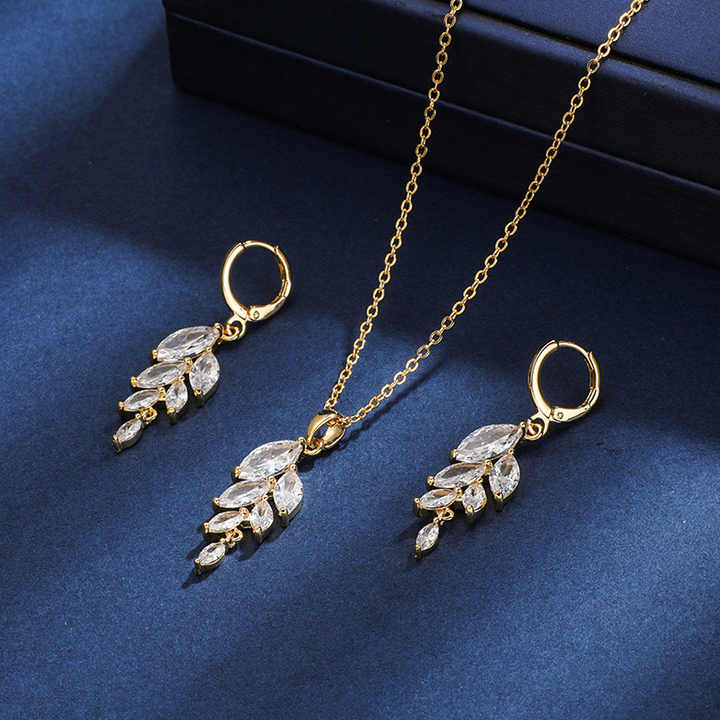 18k Gold Plated Leaf Zircon Dangle Earrings and Pendant Set