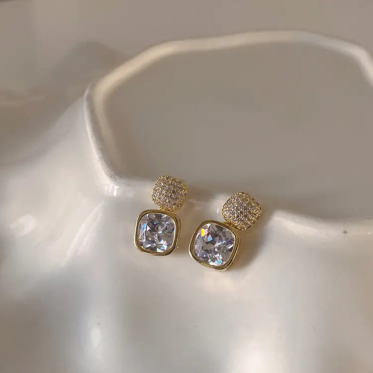High Quality 18k Gold Plated Geometric CZ Square Earrings