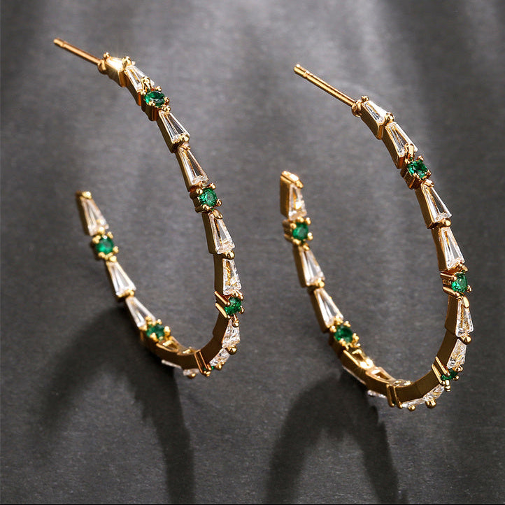 18k Gold Plated Emerald and Baguette Stones Hoops