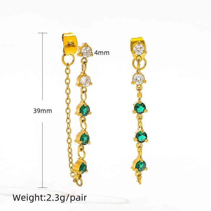 18K PVD Gold Plated Link Chain Tassel Emarald Earrings