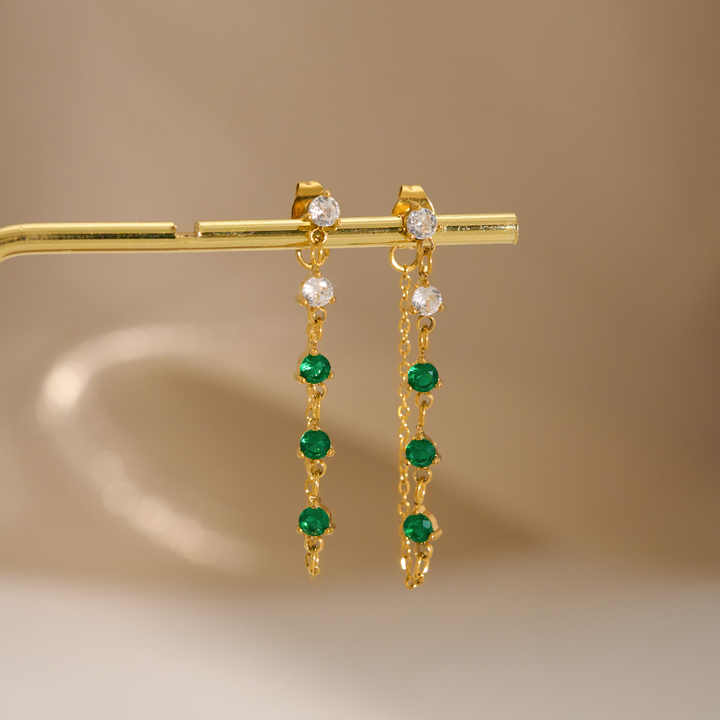 18K PVD Gold Plated Link Chain Tassel Green Stone Hangings