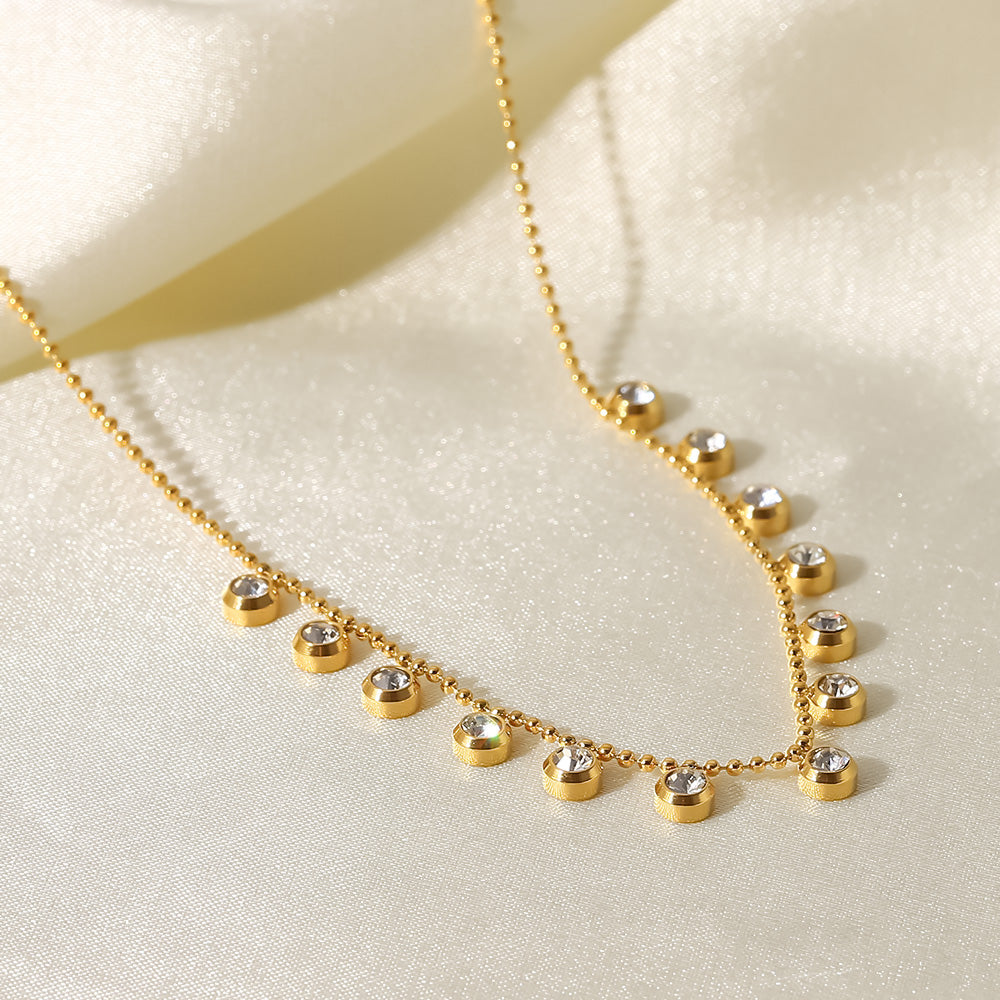 18K Gold Plated Clear Zircon Bead Chain Round Zircons Necklace