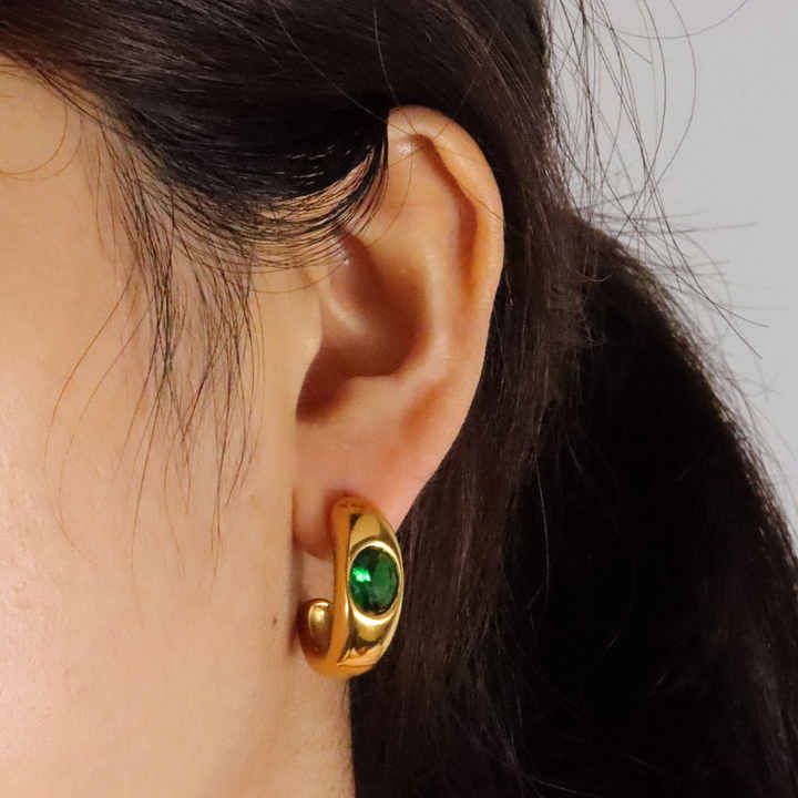 18k Gold Plated Green Clear Zircon CC Shape Earrings