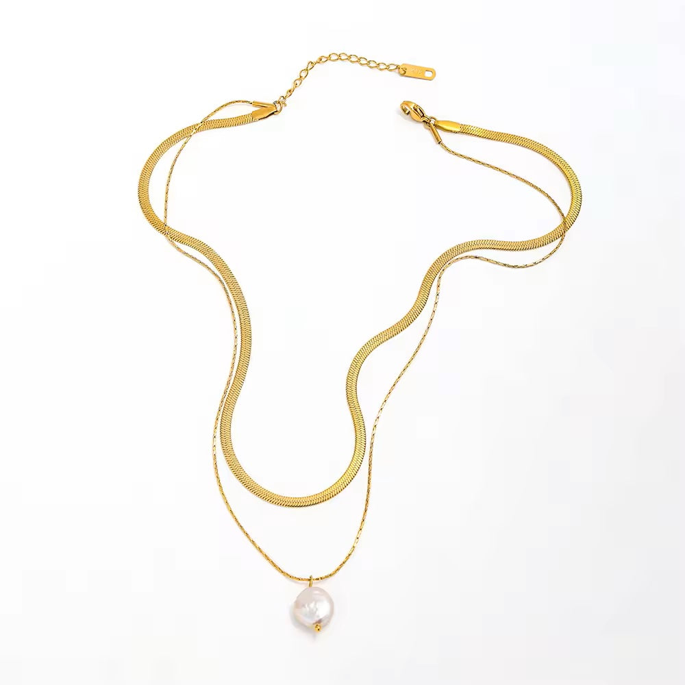 18K PVD Gold Plated Freshwater Pearl Pendant Double-Layer Chain