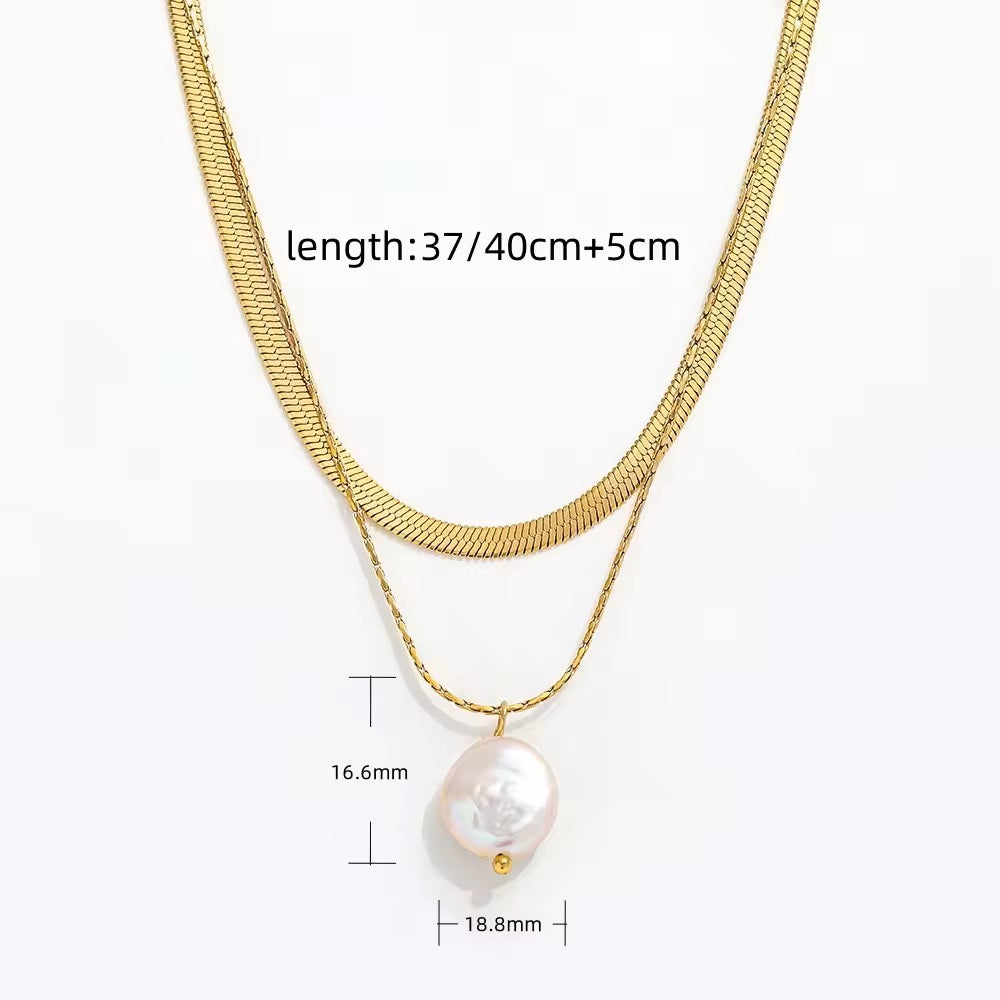 18K PVD Gold Plated Freshwater Pearl Pendant Double-Layer Chain
