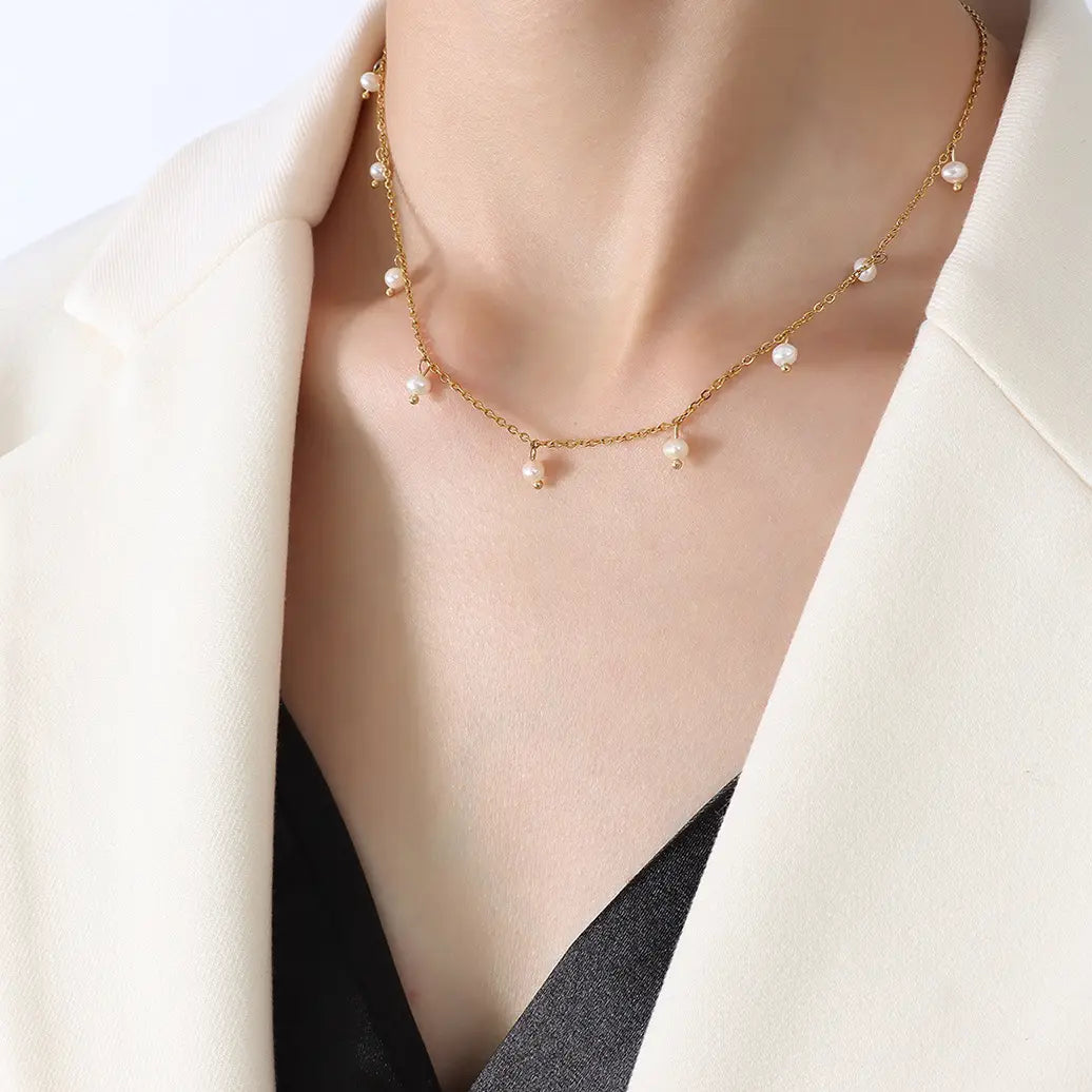 Stainless Steel Fresh Water Pearl Dangle Necklace