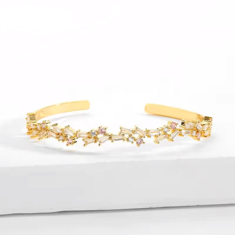 18k Gold Plated Clear Pink Cubic Zircon Bangle Bracelet