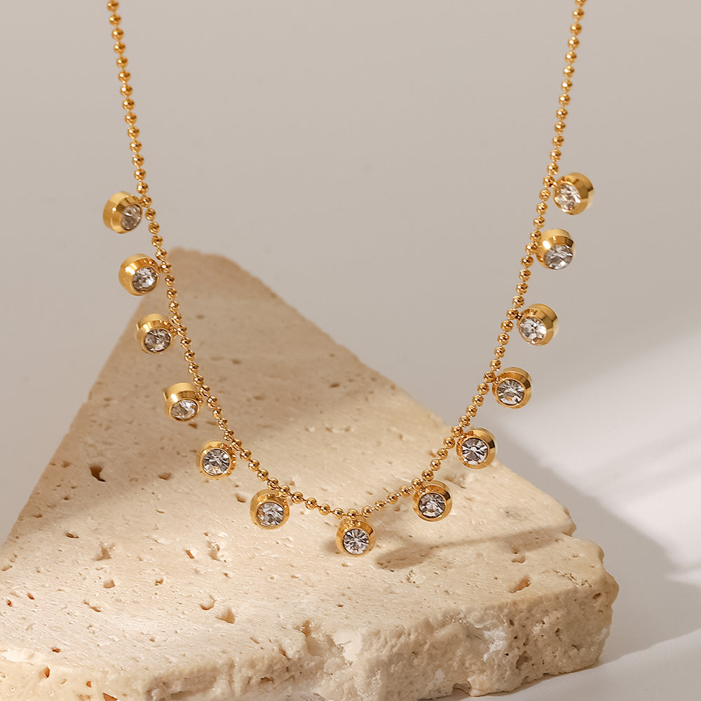 18K Gold Plated Clear Zircon Bead Chain Round Zircons Necklace