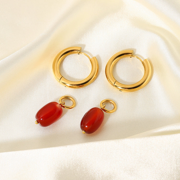 18K Gold Plated Natural Gemstone Ruby Red Agate Earrings