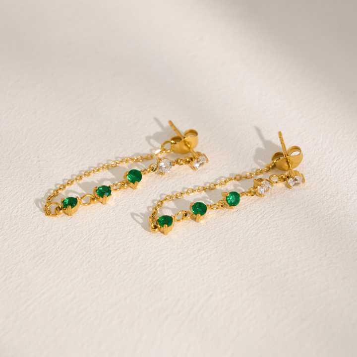 18K PVD Gold Plated Link Chain Tassel Green Stone Hangings
