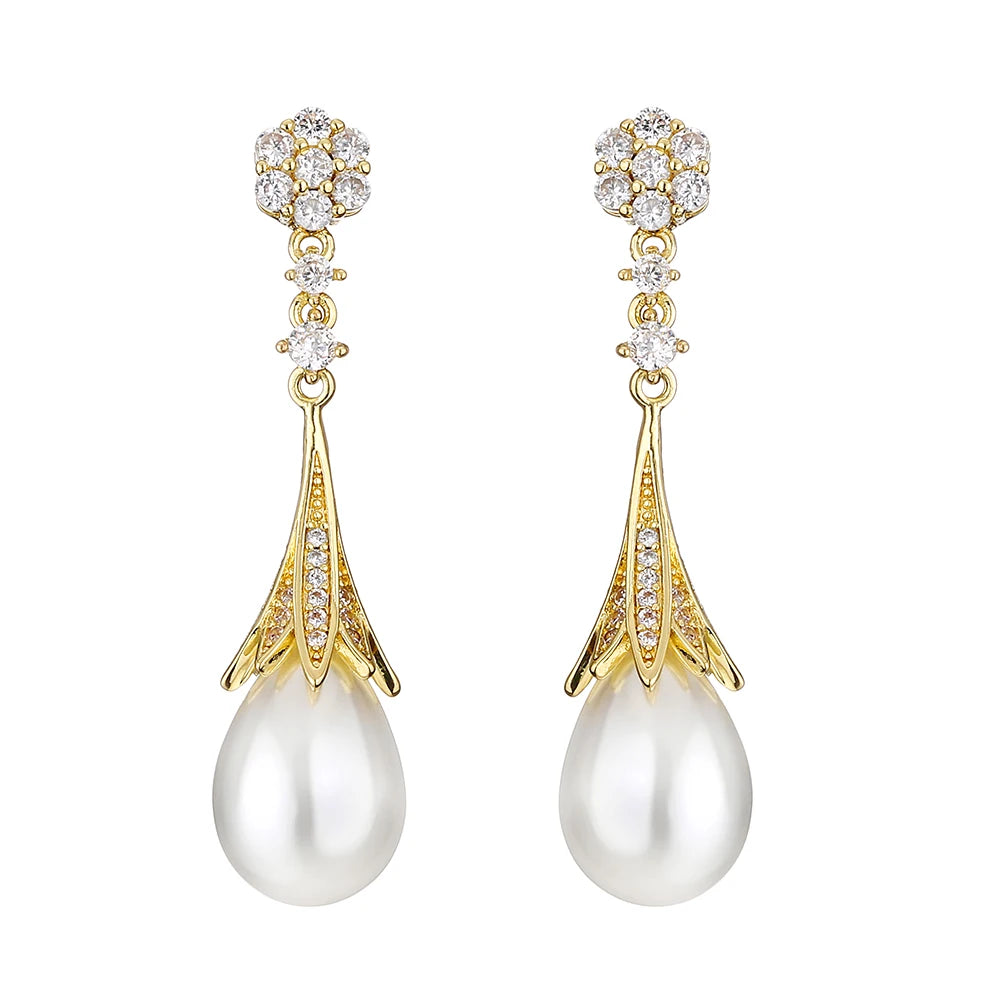 Long Pearl Micro-inlaid Zircon Flower Earrings