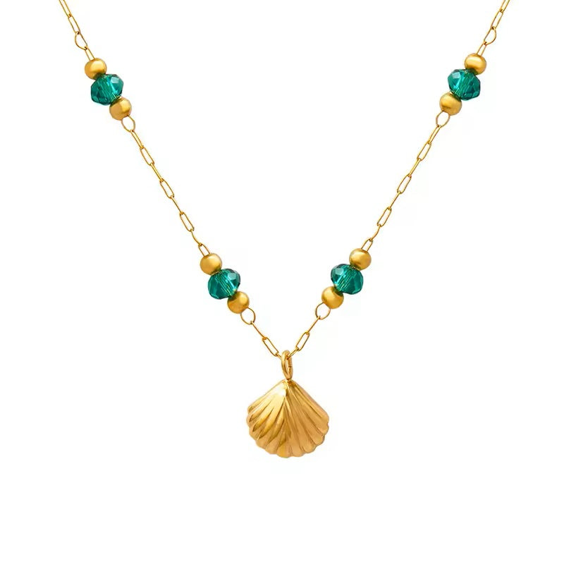 18K Gold Plated Shell Scallop Pendant Green Crystal Beads Necklace