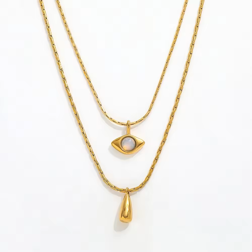 18K Gold Plated Double-Layer Opal Water Drop Pendant Necklace