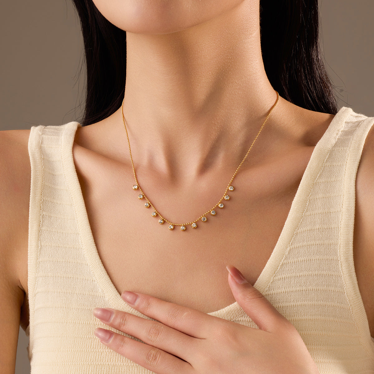 18K Gold Plated Clear Zircon Bead Chain Round Zircons Necklace