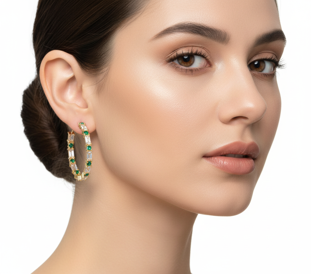 18K Gold Plated CZ and Emarald Open Hoop Earrings