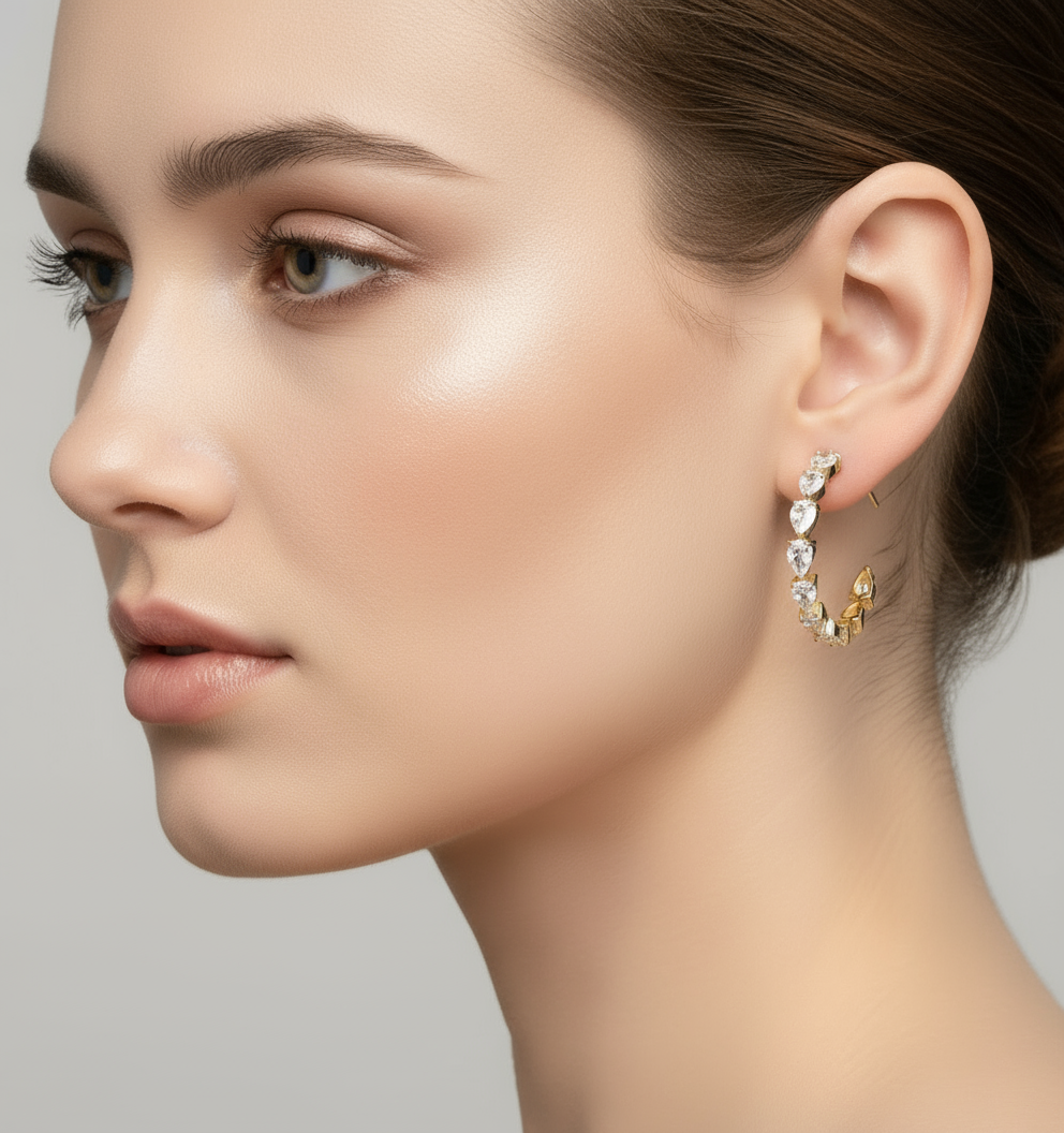 18K Gold Plated CZ Hoop Earrings with Teardrop-Cut