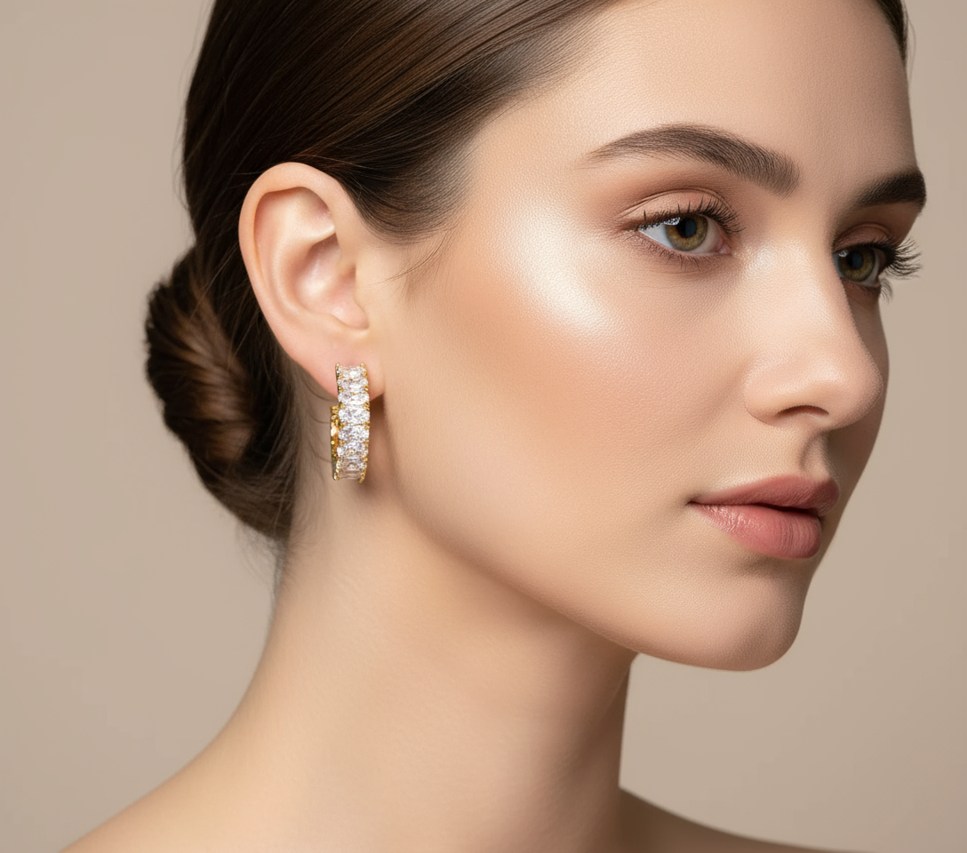 18k Gold Plated Hoop Earrings with Oval-Cut Cubic Zirconia Stones