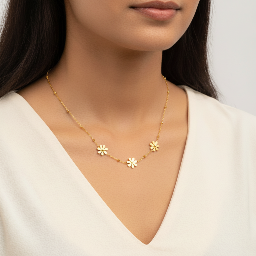 Triple Daisy Charm Necklace - Fair Indian Model