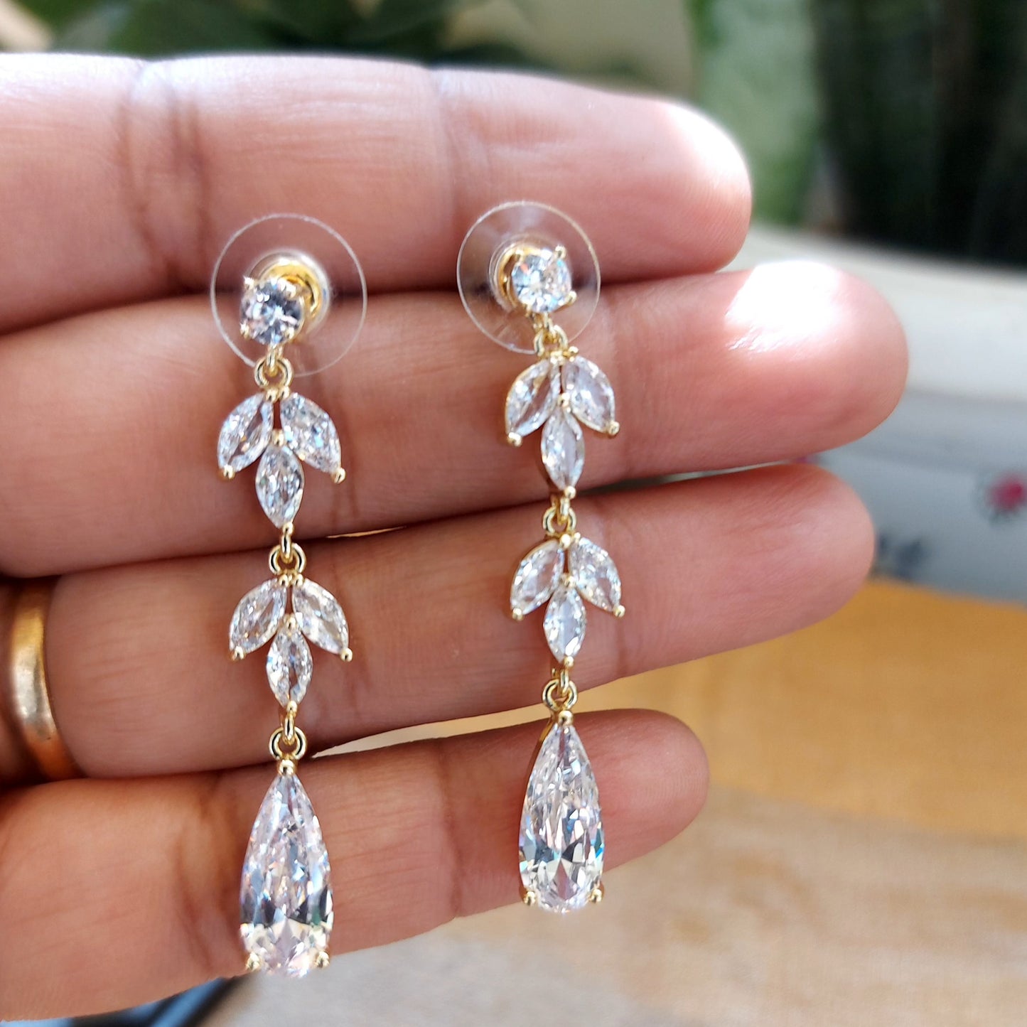 18k Gold Plated Water Drop CZ Long Earrings