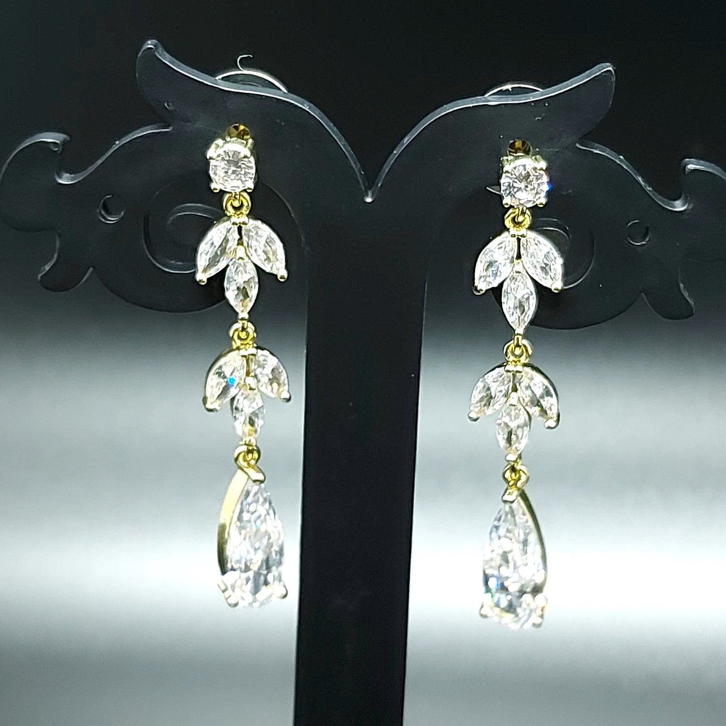 18k Gold Plated Water Drop CZ Long Earrings