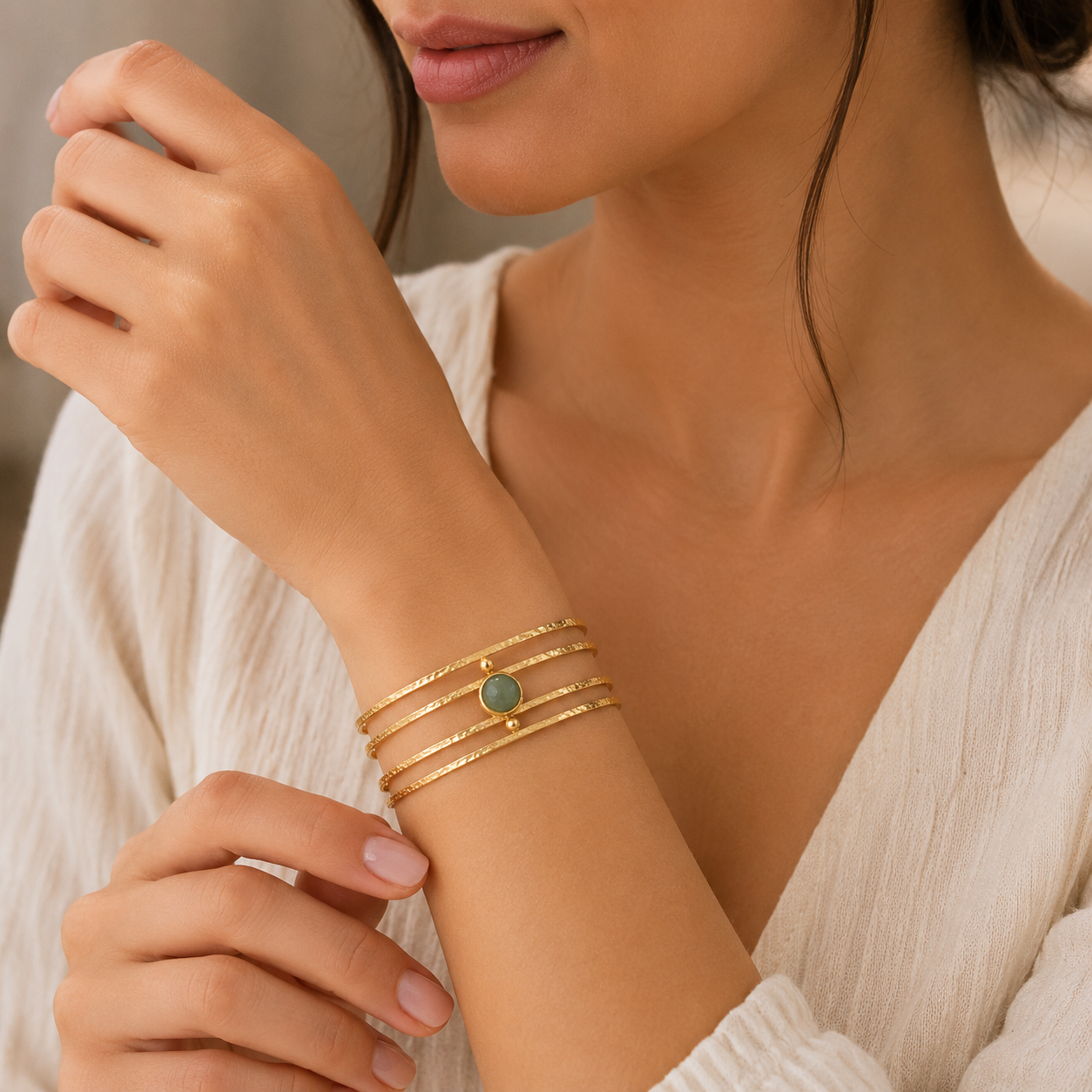 Green Stone Triple Cuff Bracelet
