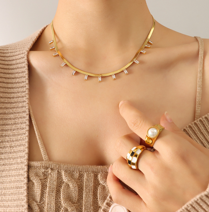 Crystal Fringe Herringbone Necklace