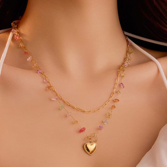 18K Gold Plated with Heart-shaped Colorful Stone Pendant Necklace