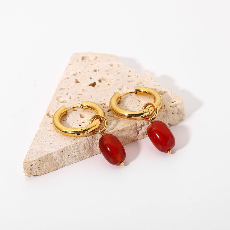 18K Gold Plated Natural Gemstone Ruby Red Agate Earrings